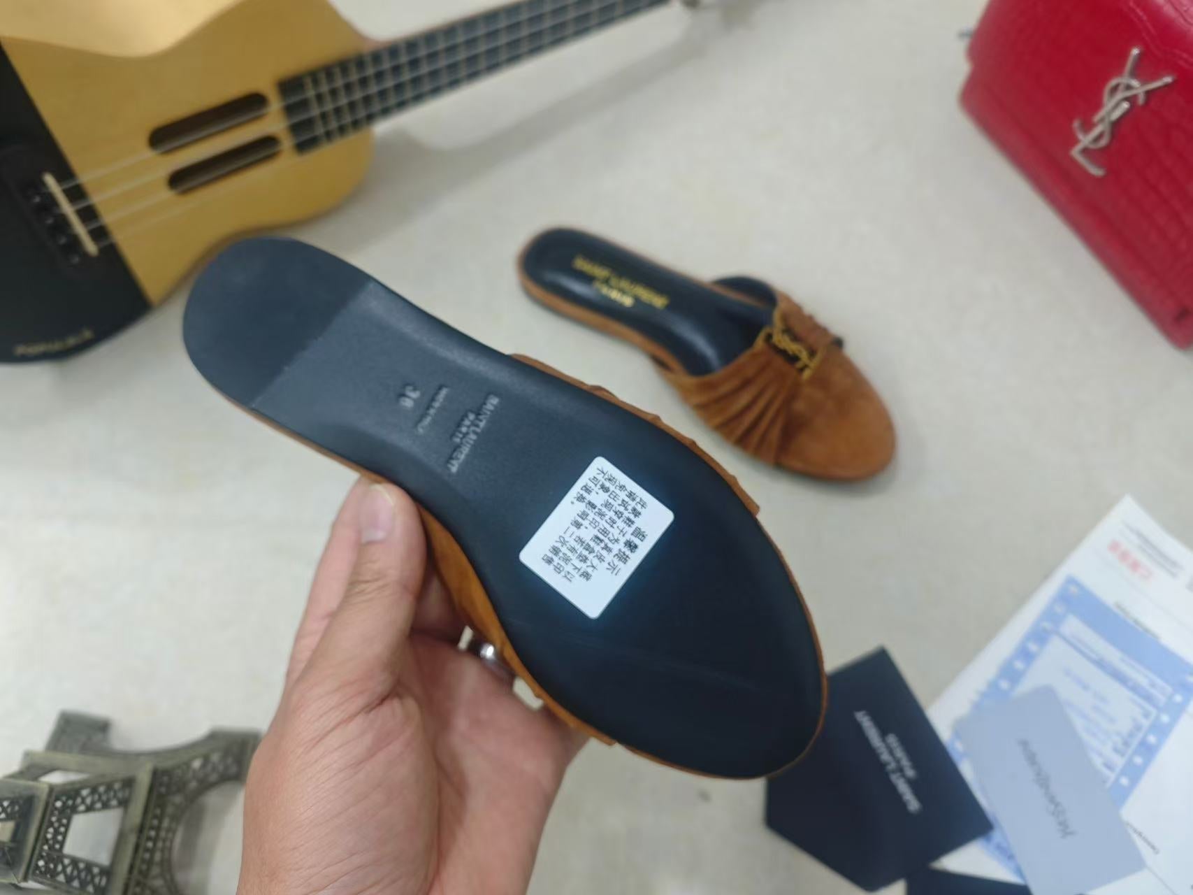 YSL BABYLONE SLIDES IN BROWN SUEDE GOLD HARDWARE
