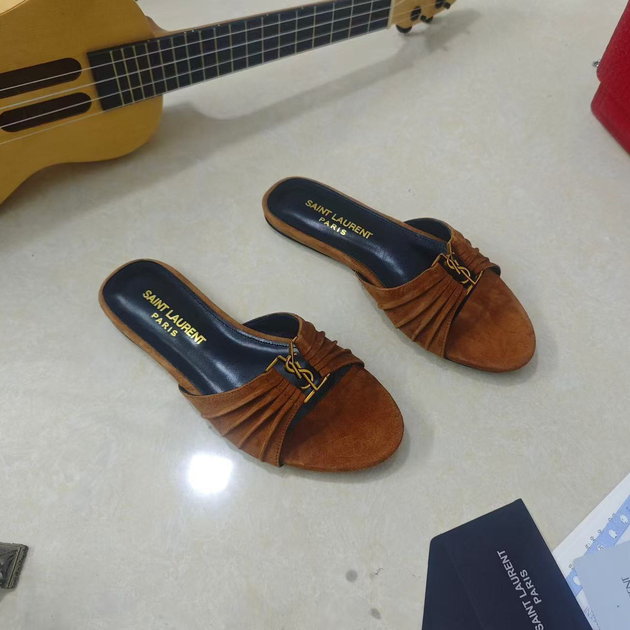 YSL BABYLONE SLIDES IN BROWN SUEDE GOLD HARDWARE