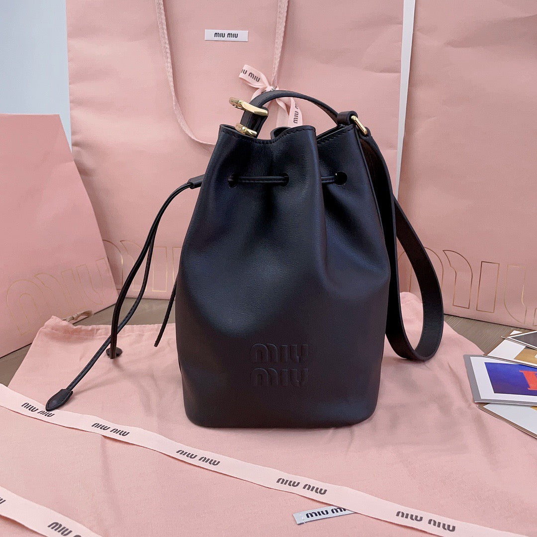 MIUMIU BUCKET BAG EMBOSSED LOGO 22 IN BLACK CALFSKIN
