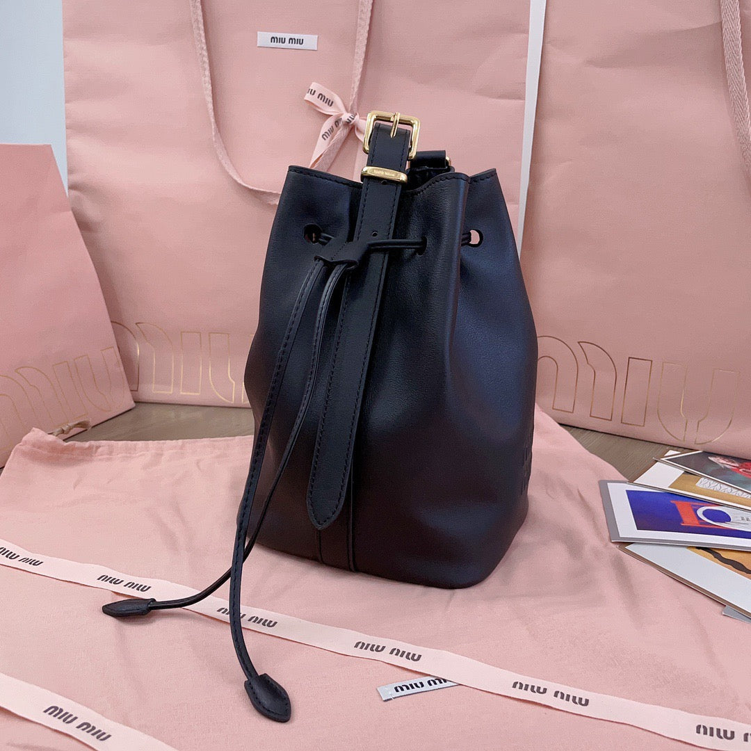 MIUMIU BUCKET BAG EMBOSSED LOGO 22 IN BLACK CALFSKIN