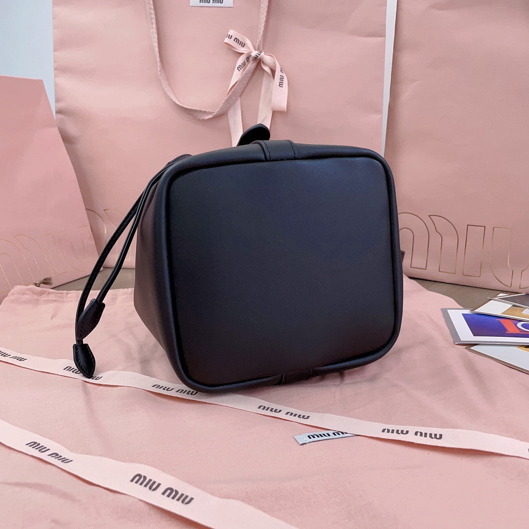 MIUMIU BUCKET BAG EMBOSSED LOGO 22 IN BLACK CALFSKIN