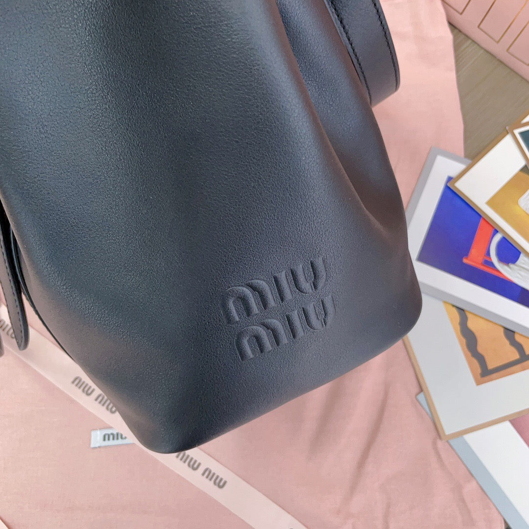 MIUMIU BUCKET BAG EMBOSSED LOGO 22 IN BLACK CALFSKIN