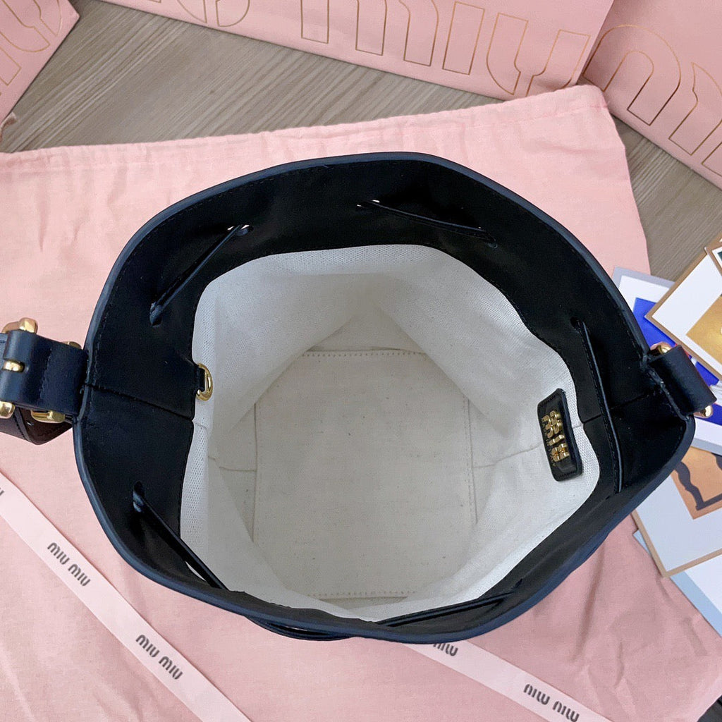 MIUMIU BUCKET BAG EMBOSSED LOGO 22 IN BLACK CALFSKIN