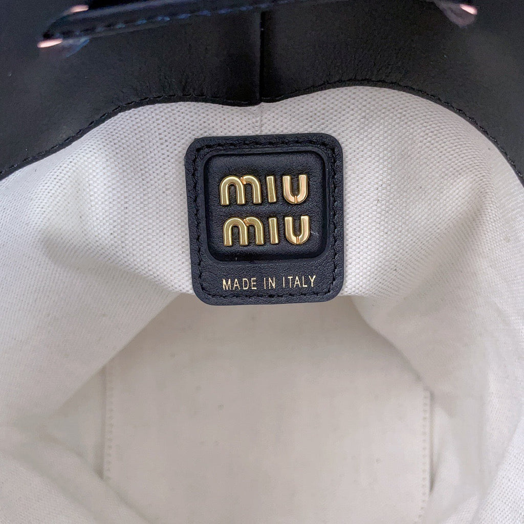 MIUMIU BUCKET BAG EMBOSSED LOGO 22 IN BLACK CALFSKIN