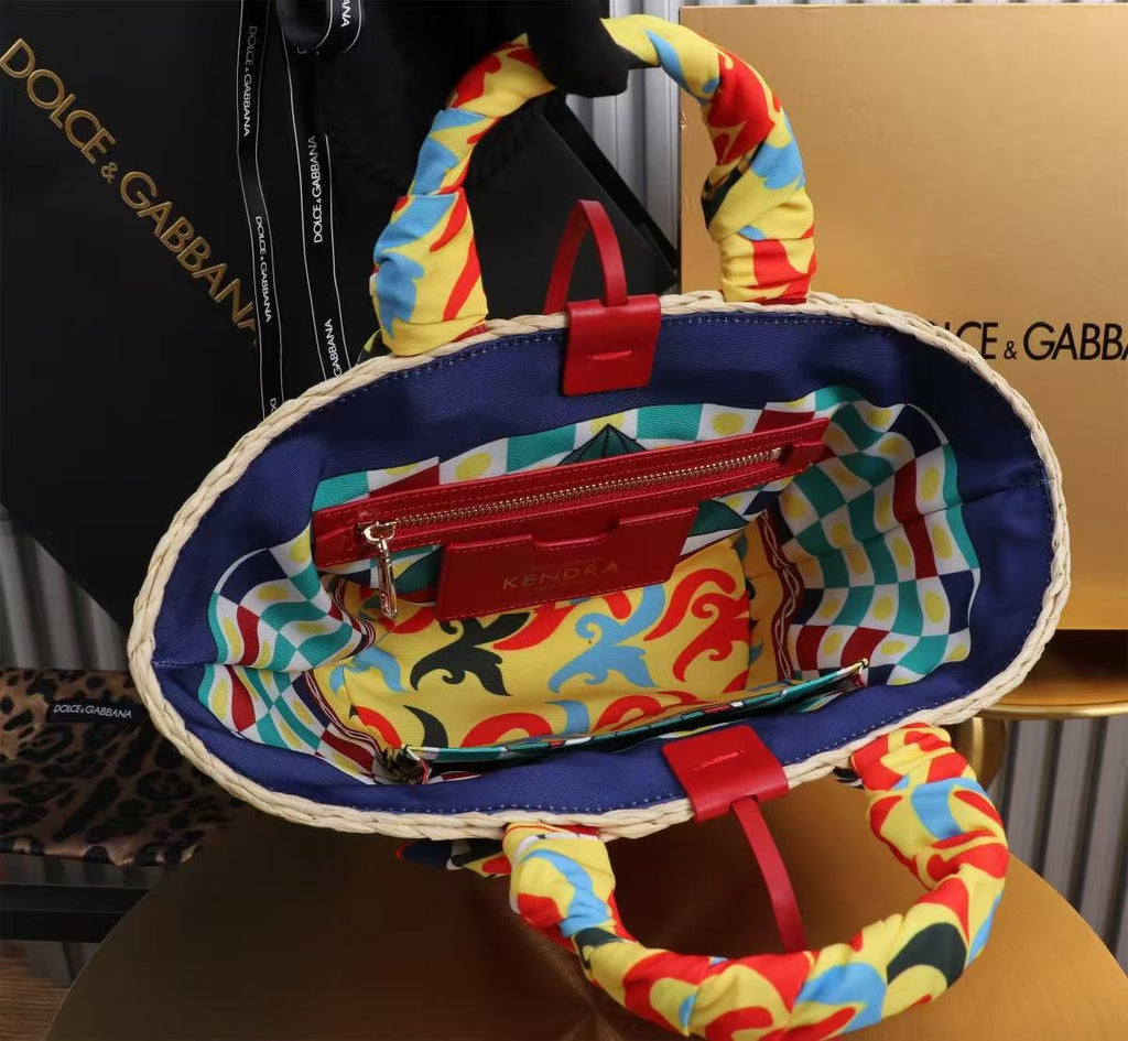 D&G HANDBAG 35 IN BEIGE MIX RED RAFFIA