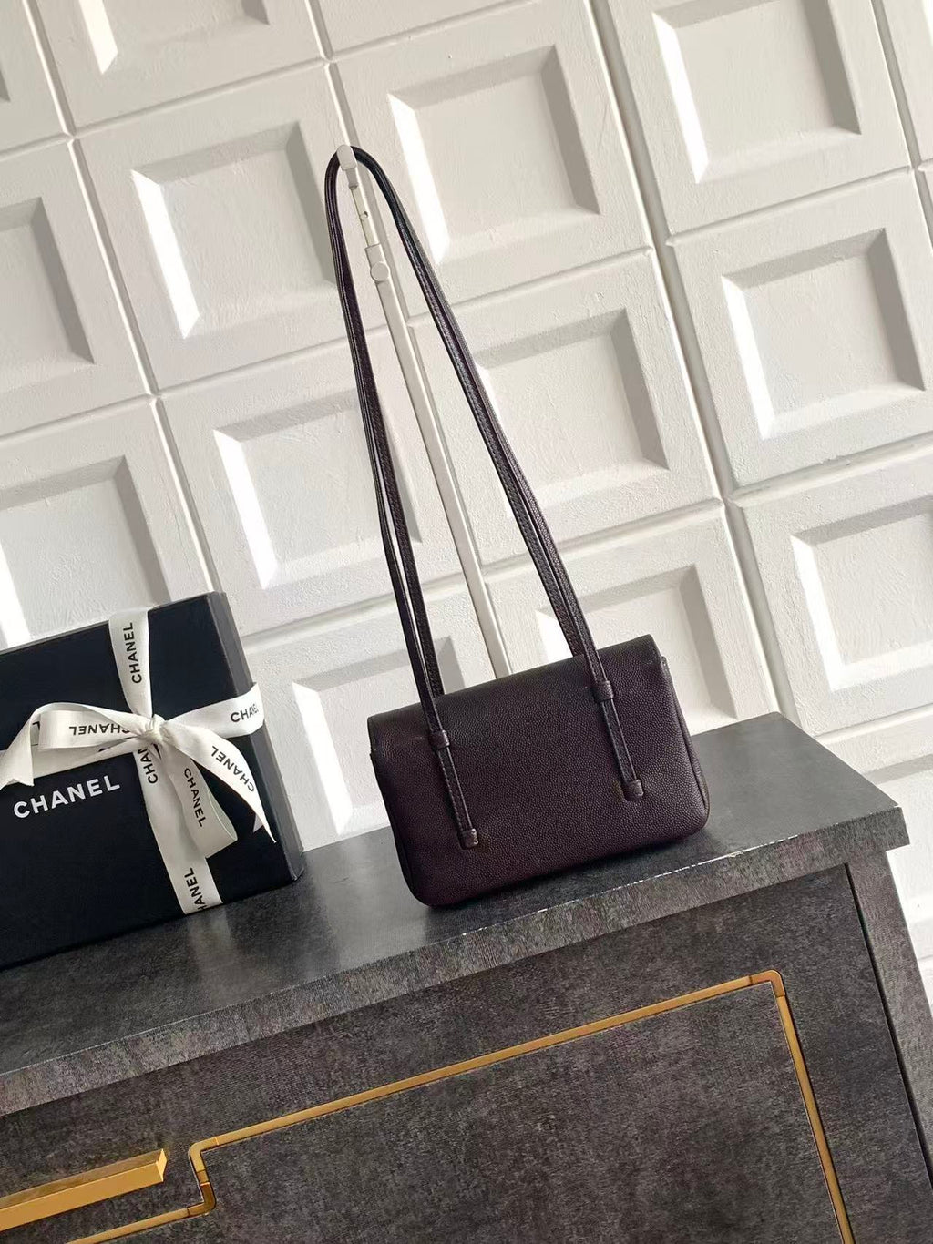 CHANEL SMALL FLAP BAG 17 IN BROWN GRAINED CALFSKIN GOLD HARDWARE