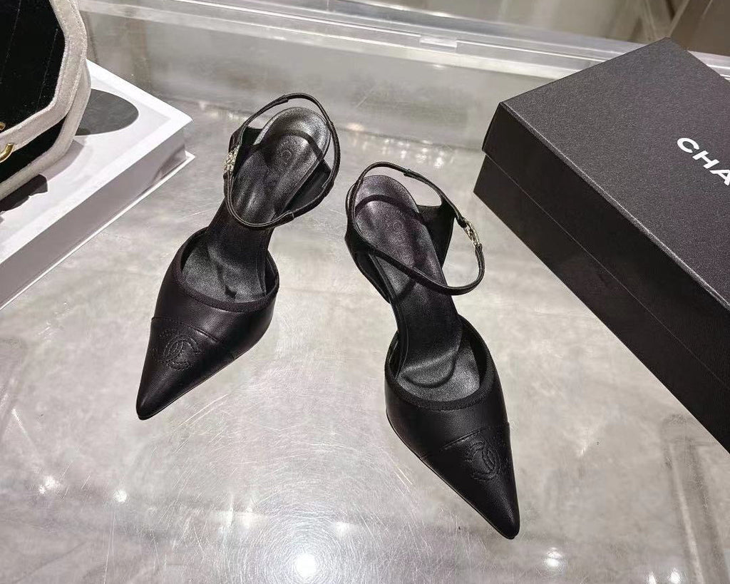 CHANEL 26S HEEL SLINGBACK EMBOSSED LOGO IN BLACK CALFSKIN