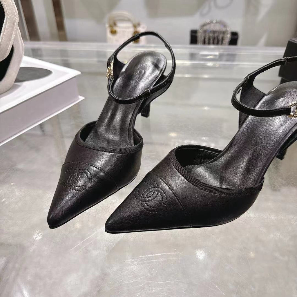 CHANEL 26S HEEL SLINGBACK EMBOSSED LOGO IN BLACK CALFSKIN
