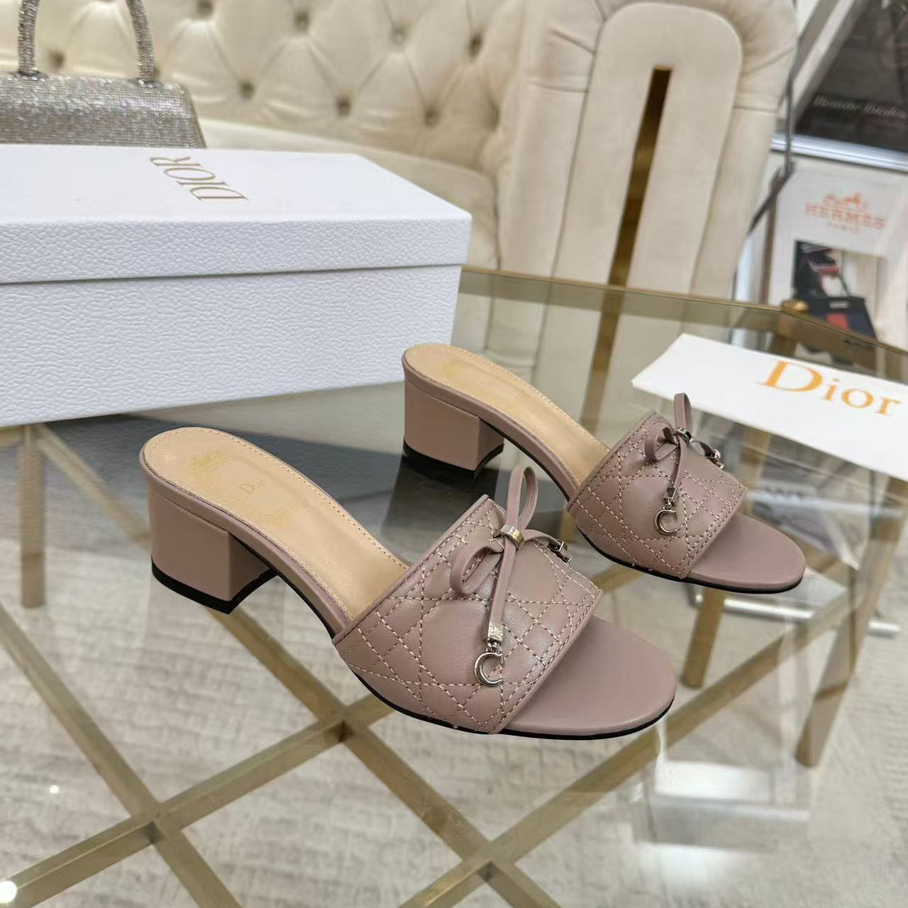 DIOR CANNAGE HEELED SLIDE IN DUSTY PINK CALFSKIN