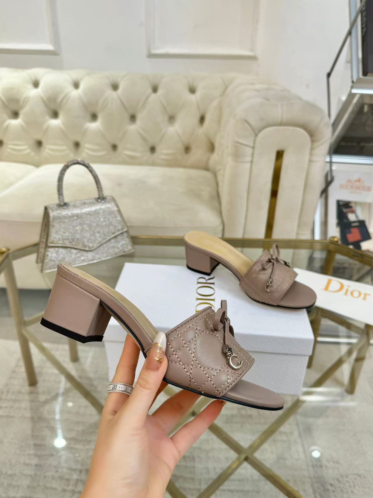 DIOR CANNAGE HEELED SLIDE IN DUSTY PINK CALFSKIN