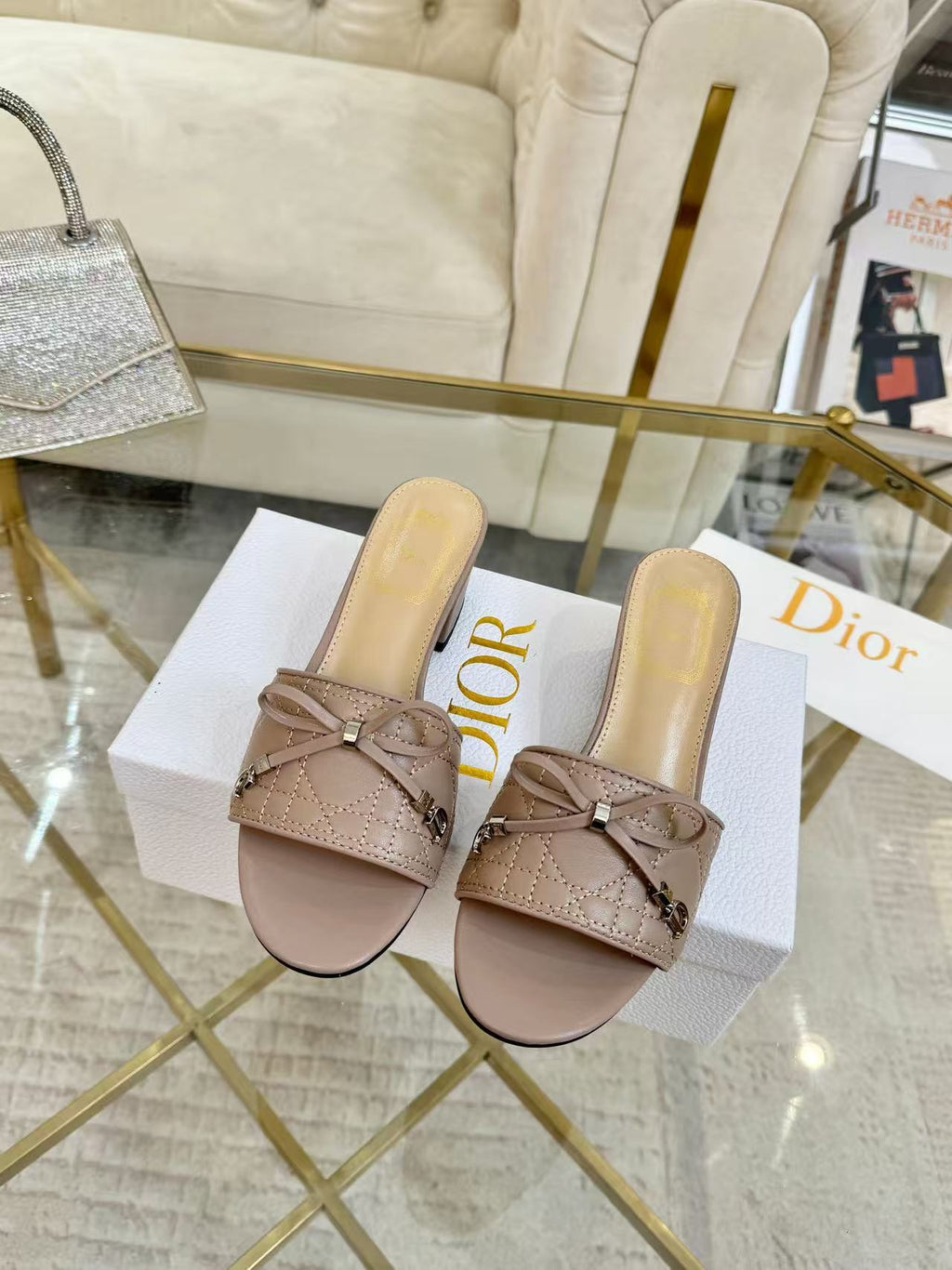 DIOR CANNAGE HEELED SLIDE IN DUSTY PINK CALFSKIN