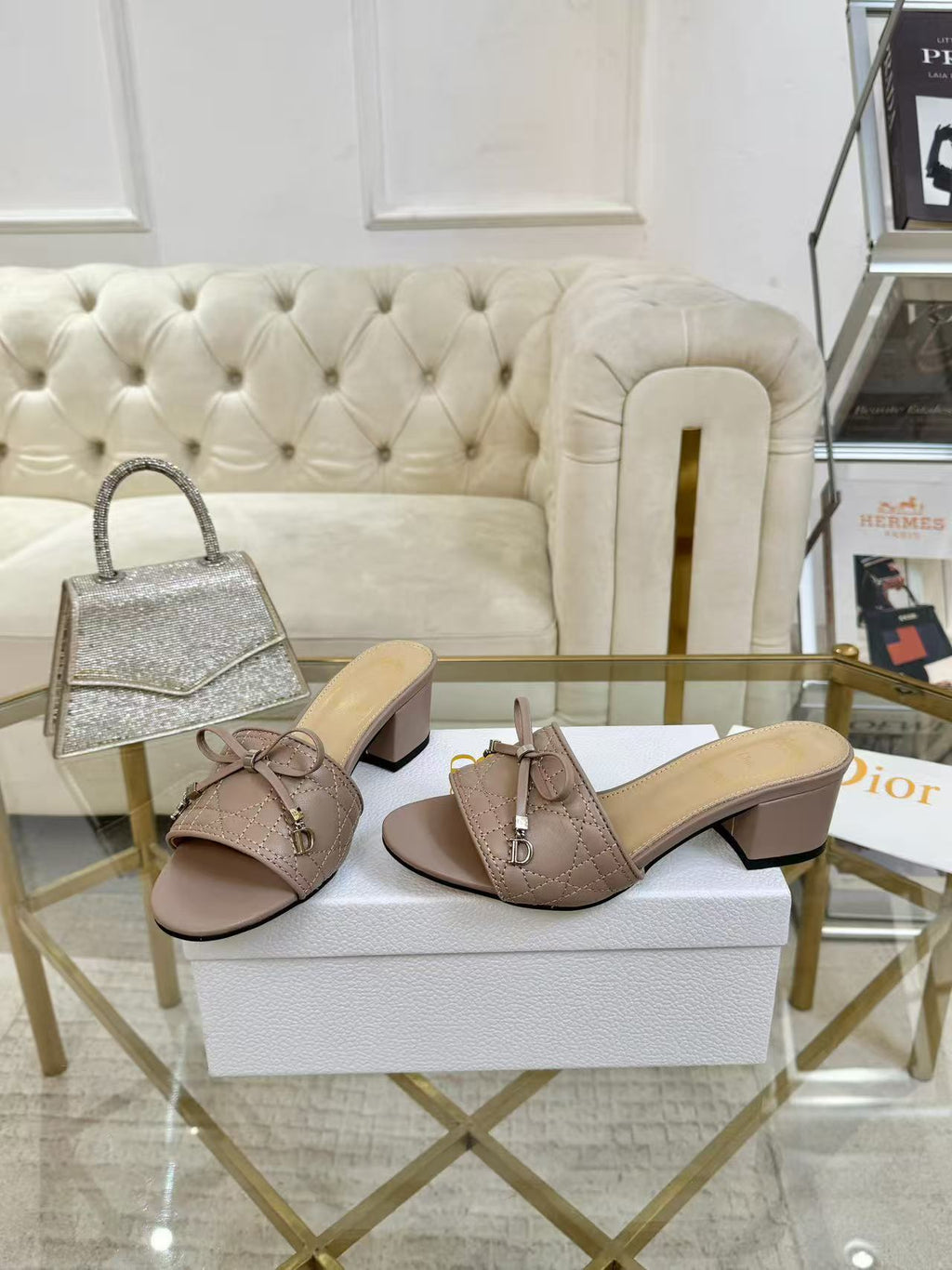 DIOR CANNAGE HEELED SLIDE IN DUSTY PINK CALFSKIN