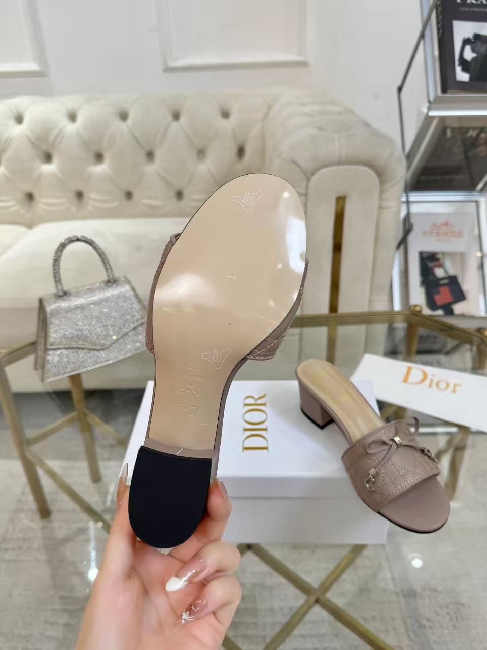 DIOR CANNAGE HEELED SLIDE IN DUSTY PINK CALFSKIN