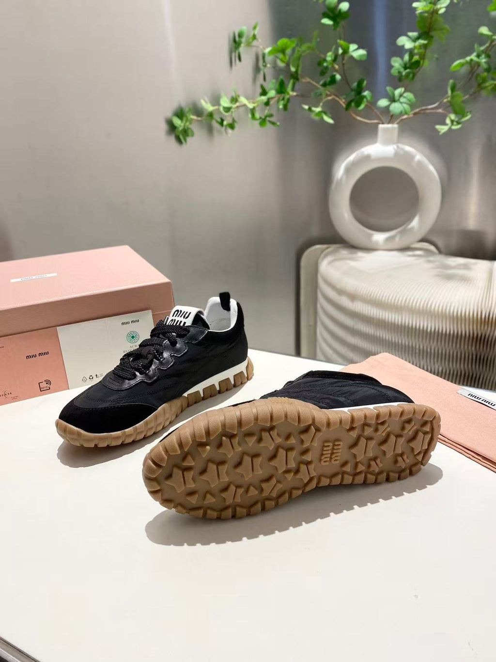 MIUMIU 26S SNEAKERS IN IVORY BLACK FABRIC AND SUEDE