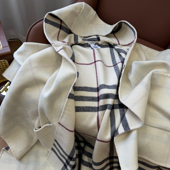 BURBERRY 26S DOUBLE-FACED REVERSIBLE CHECK HOODED CAPE IN BEIGE