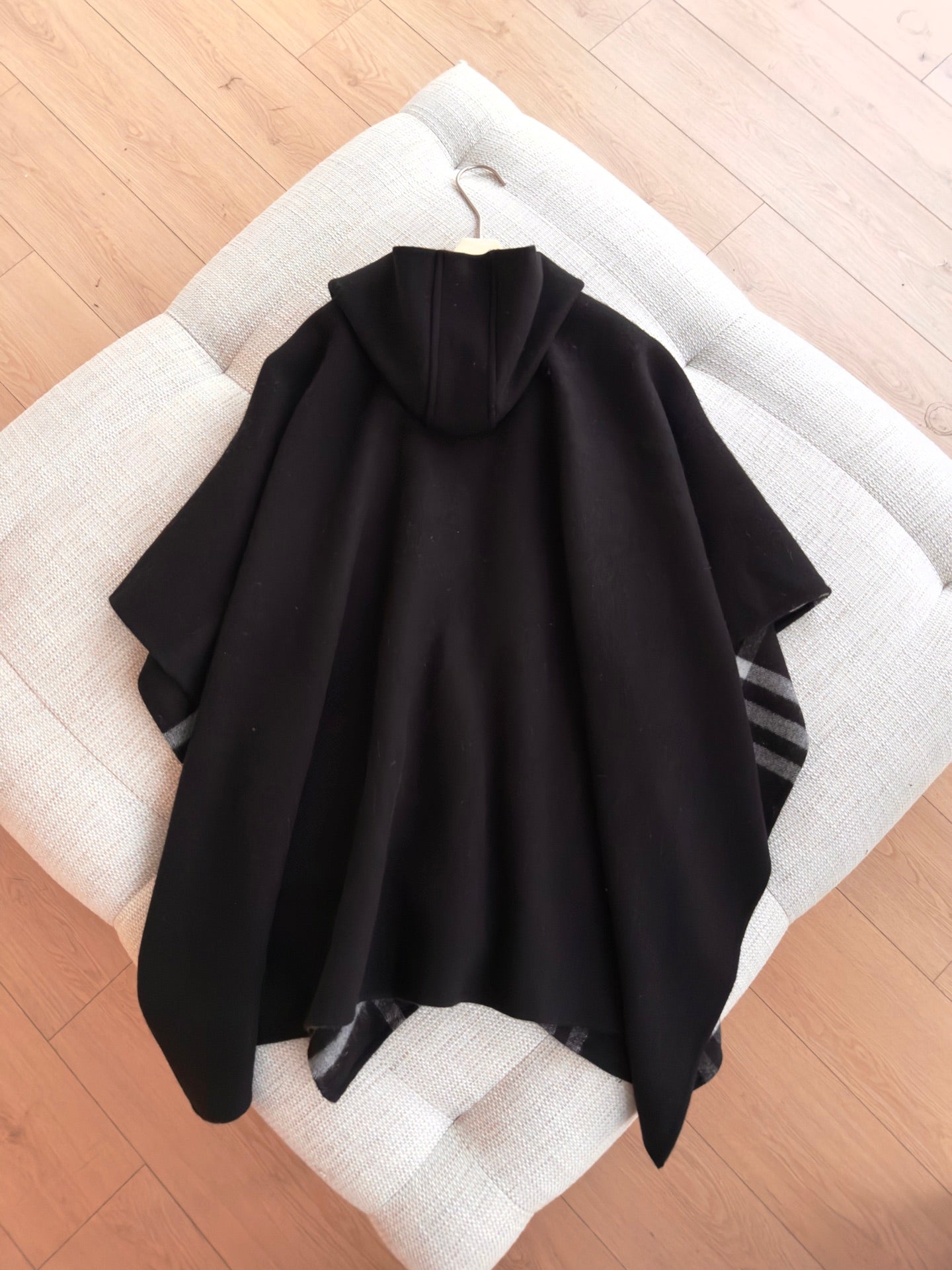 BURBERRY 26S DOUBLE-FACED REVERSIBLE CHECK HOODED CAPE IN BLACK