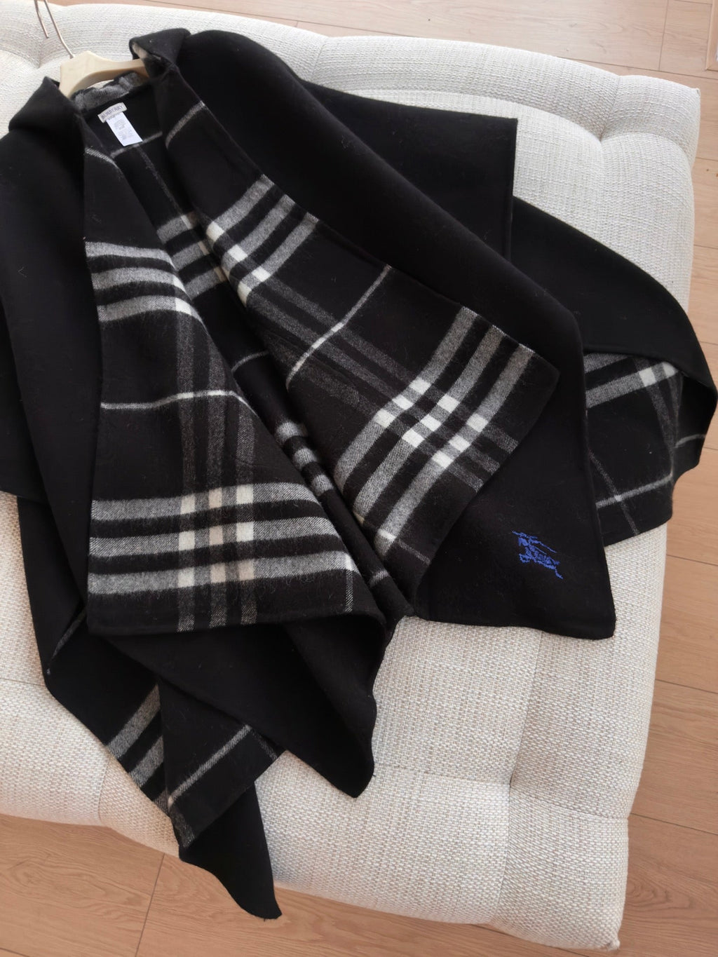 BURBERRY 26S DOUBLE-FACED REVERSIBLE CHECK HOODED CAPE IN BLACK