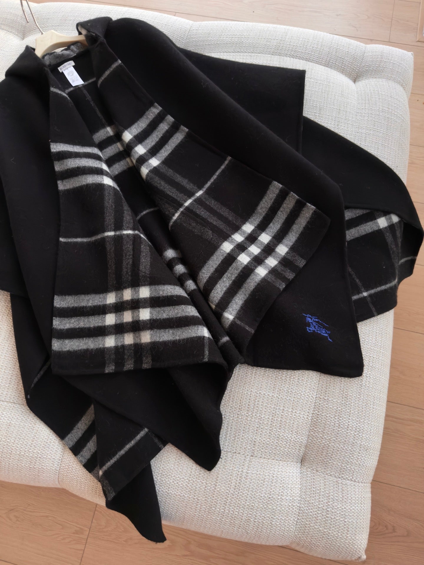 BURBERRY 26S DOUBLE-FACED REVERSIBLE CHECK HOODED CAPE IN BLACK
