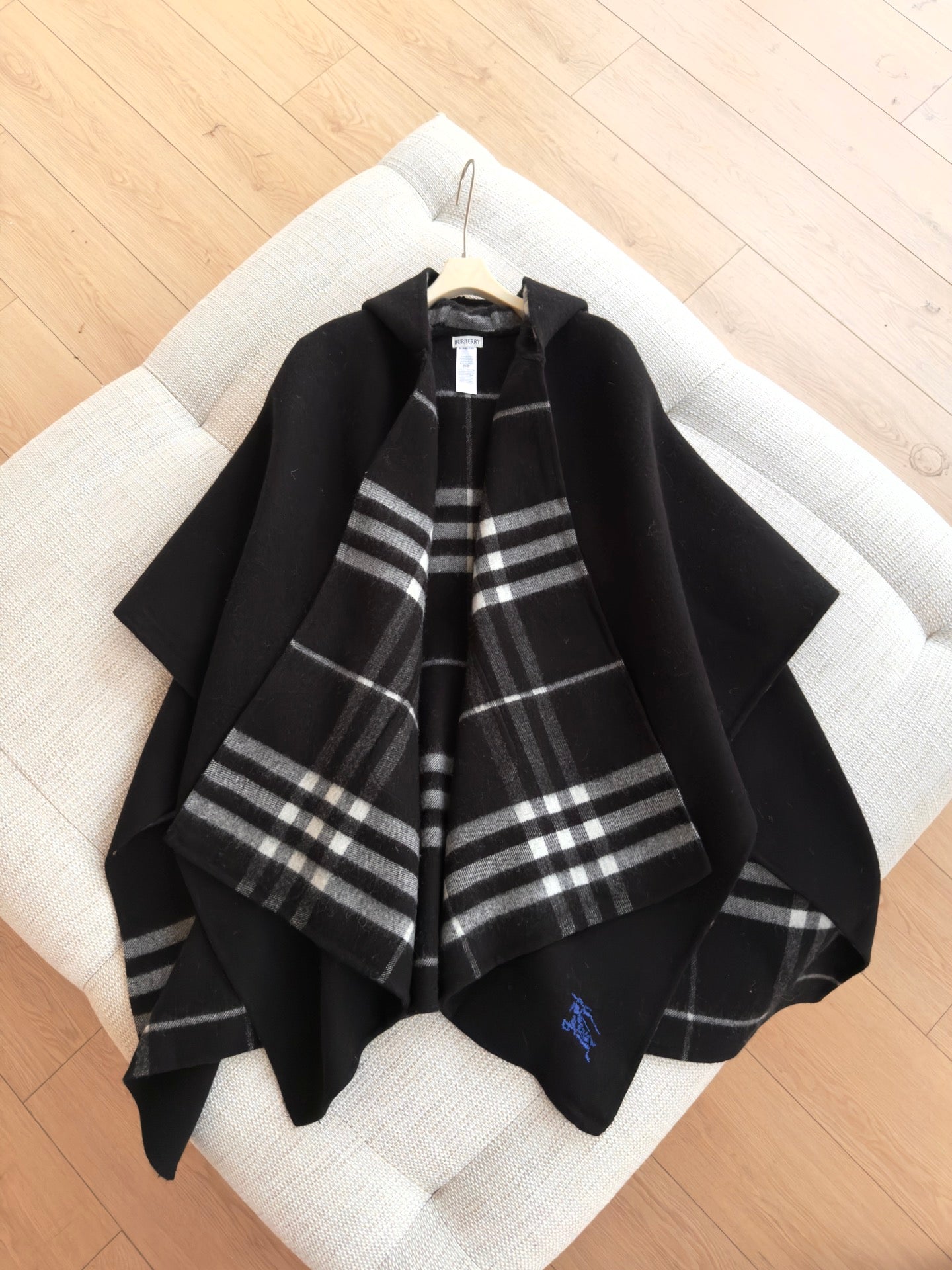 BURBERRY 26S DOUBLE-FACED REVERSIBLE CHECK HOODED CAPE IN BLACK