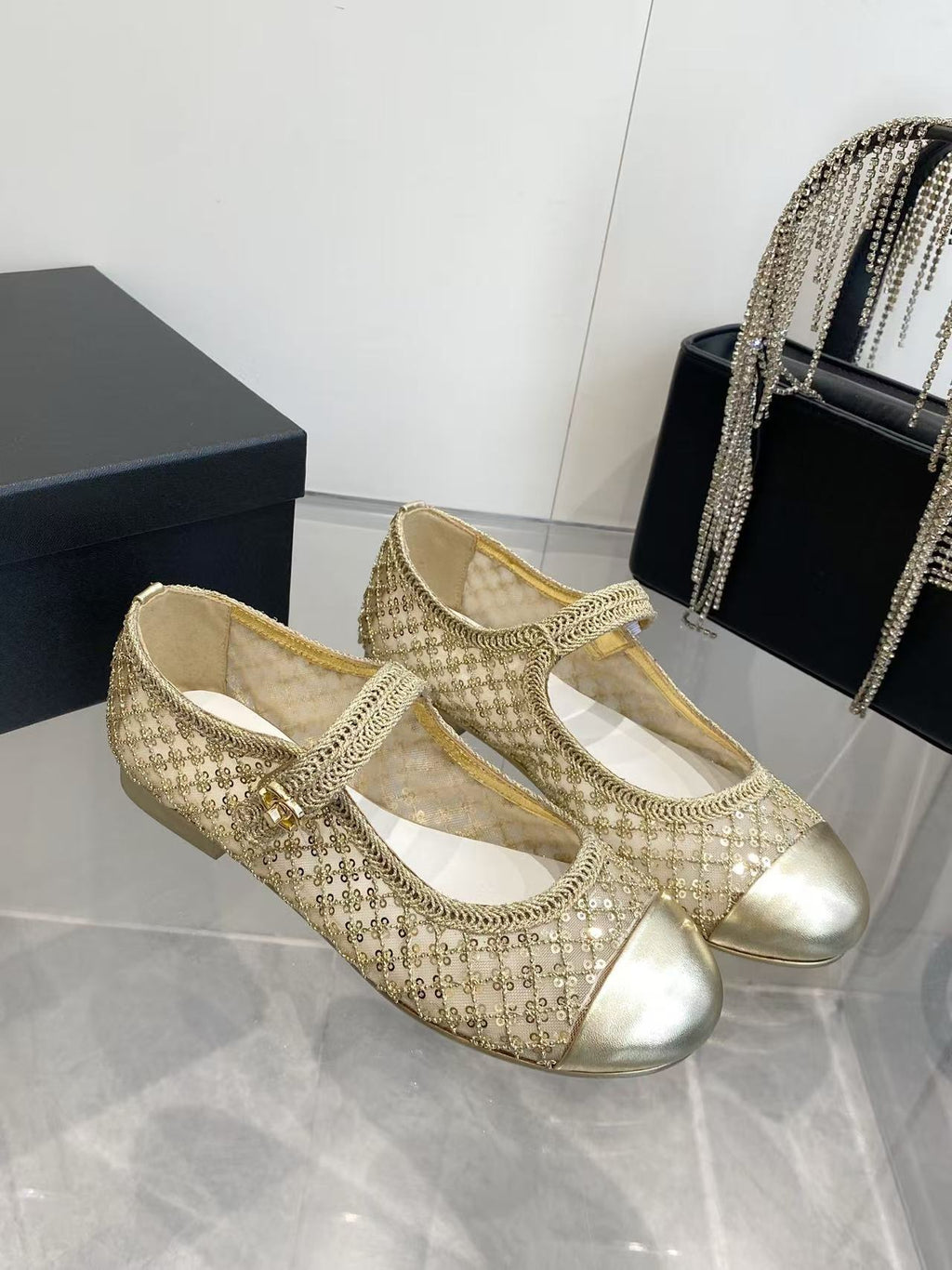CHANEL 26S MARY JANE IN GOLD SEQUIN