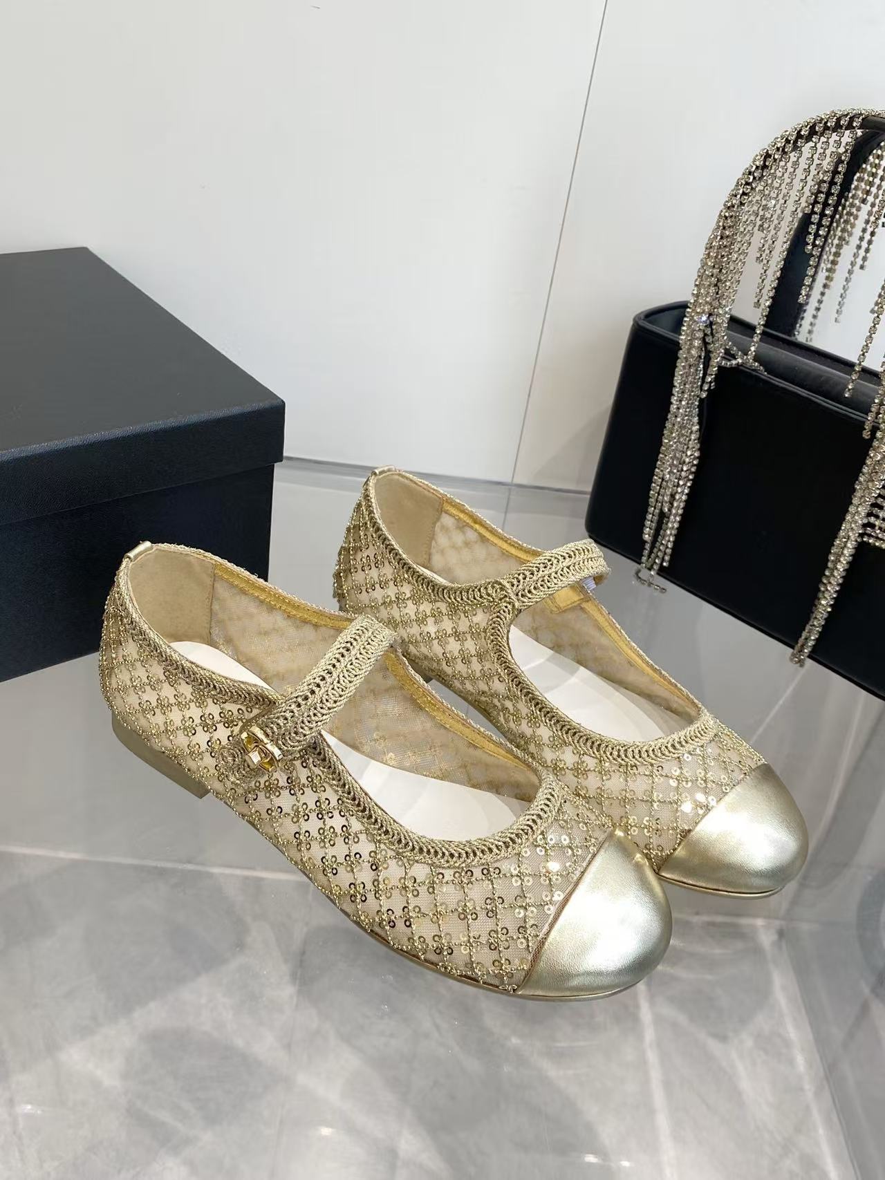 CHANEL 26S MARY JANE IN GOLD SEQUIN