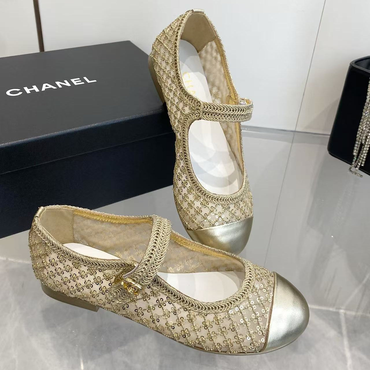 CHANEL 26S MARY JANE IN GOLD SEQUIN