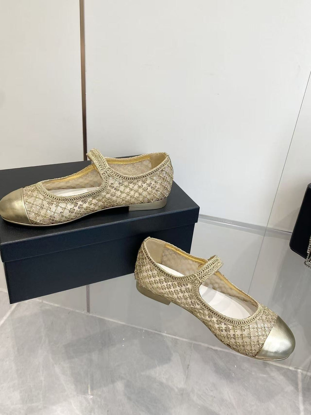 CHANEL 26S MARY JANE IN GOLD SEQUIN