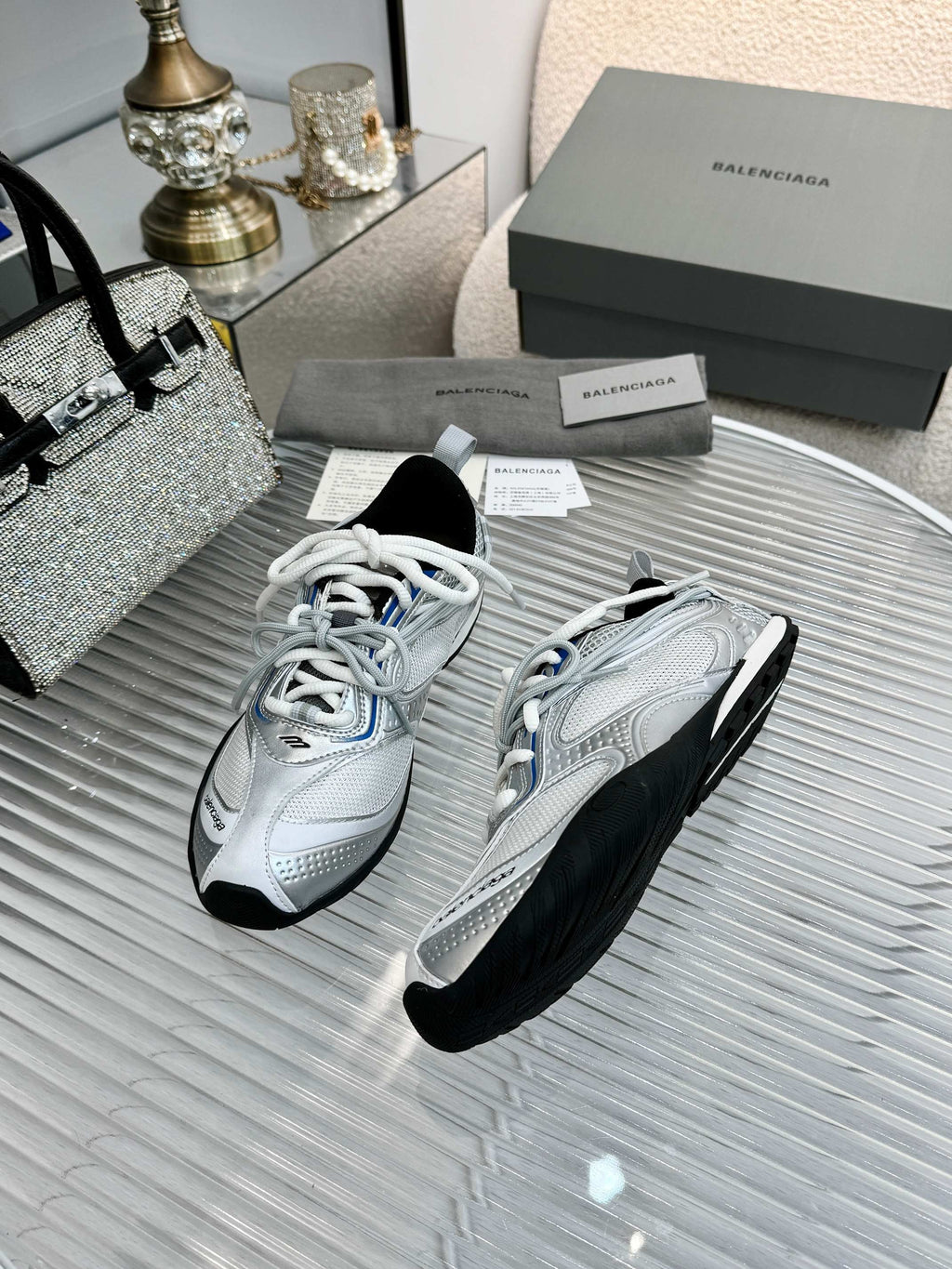 BALENCIAGA 26S RADAR GRADIENT LINES SNEAKER IN SILVER MELATIC