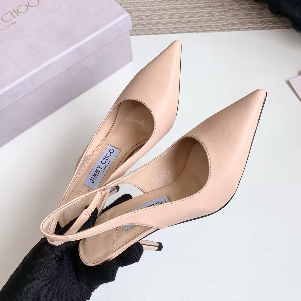 JIMMY CHOO 26S SLINGBACK HIGH HEELS 90 MM IN NUDE CALFSKIN