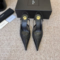 YSL 26S SLINGBACK POINTED HEEL 70 MM IN BLACK CAFLSKIN AND FABRIC