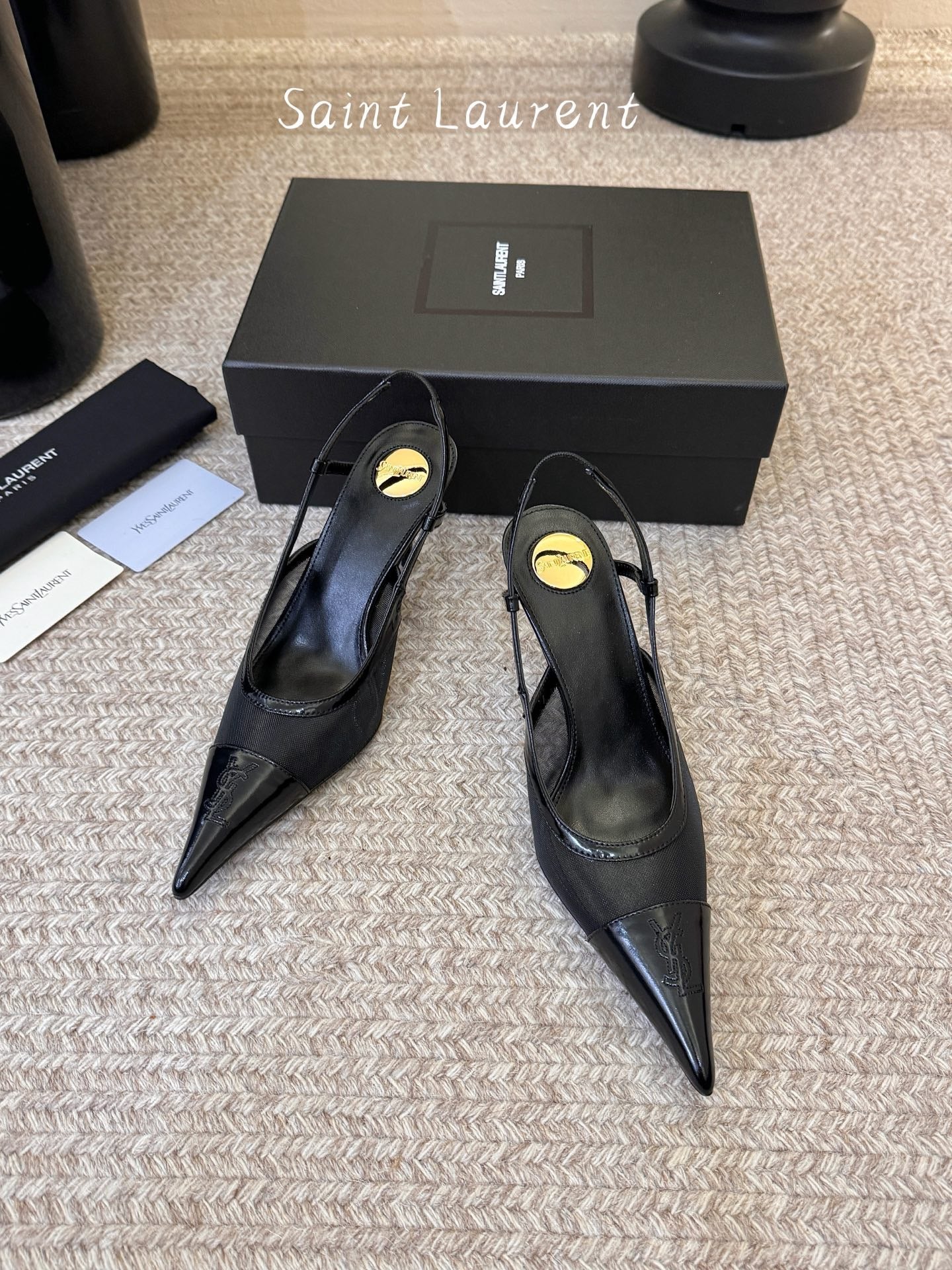 YSL 26S SLINGBACK POINTED HEEL 70 MM IN BLACK CAFLSKIN AND FABRIC