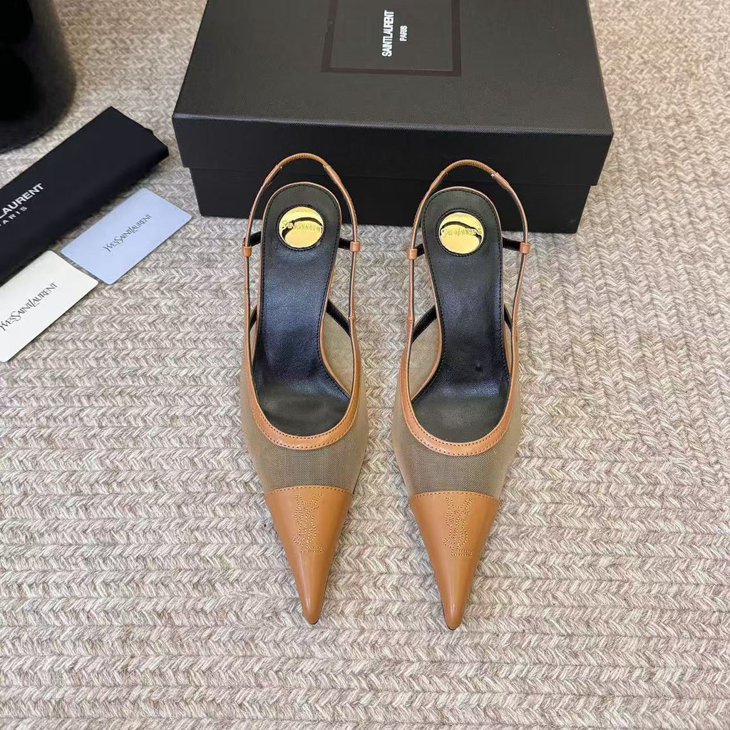 YSL 26S SLINGBACK POINTED HEEL 70 MM IN BROWN CAFLSKIN AND FABRIC