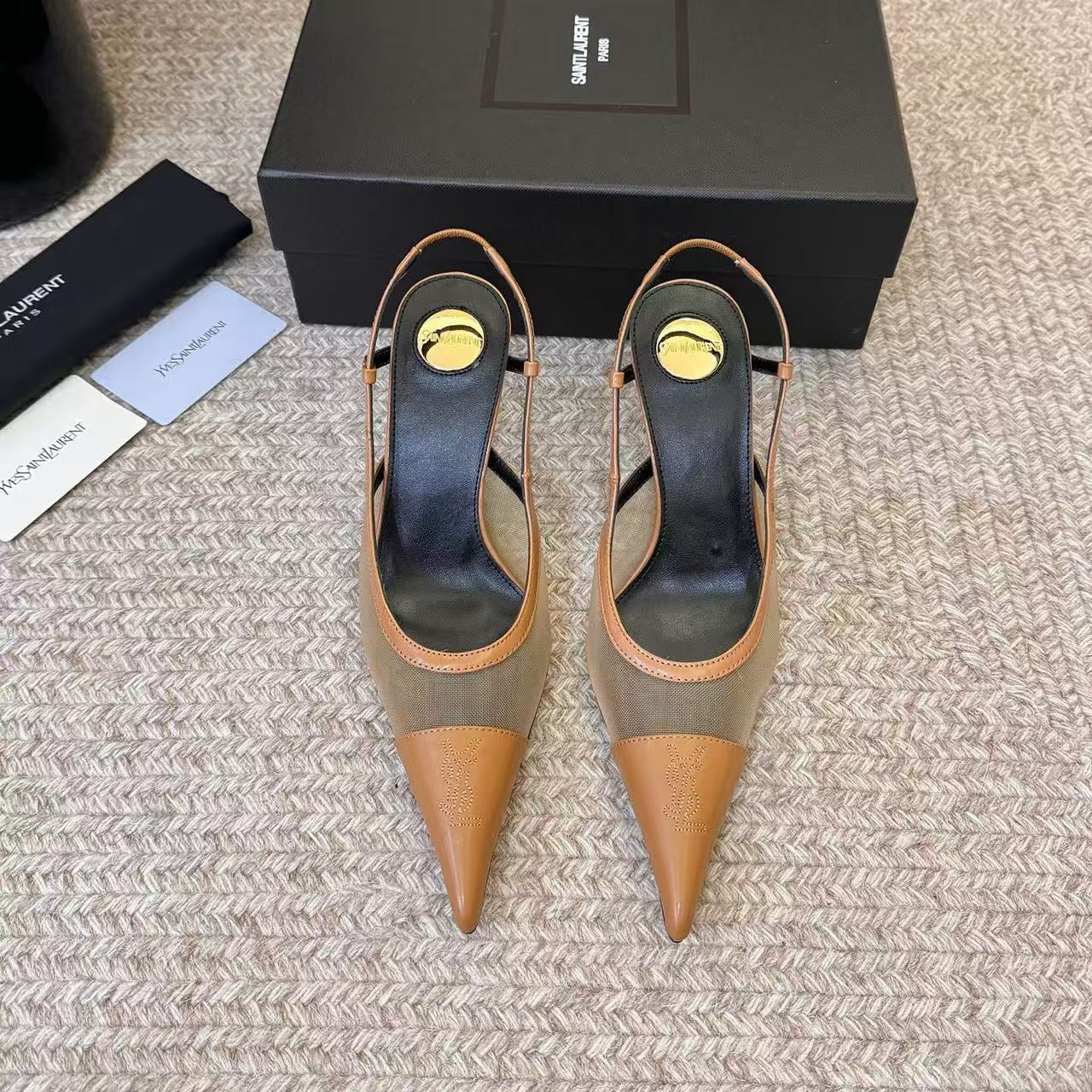 YSL 26S SLINGBACK POINTED HEEL 70 MM IN BROWN CAFLSKIN AND FABRIC