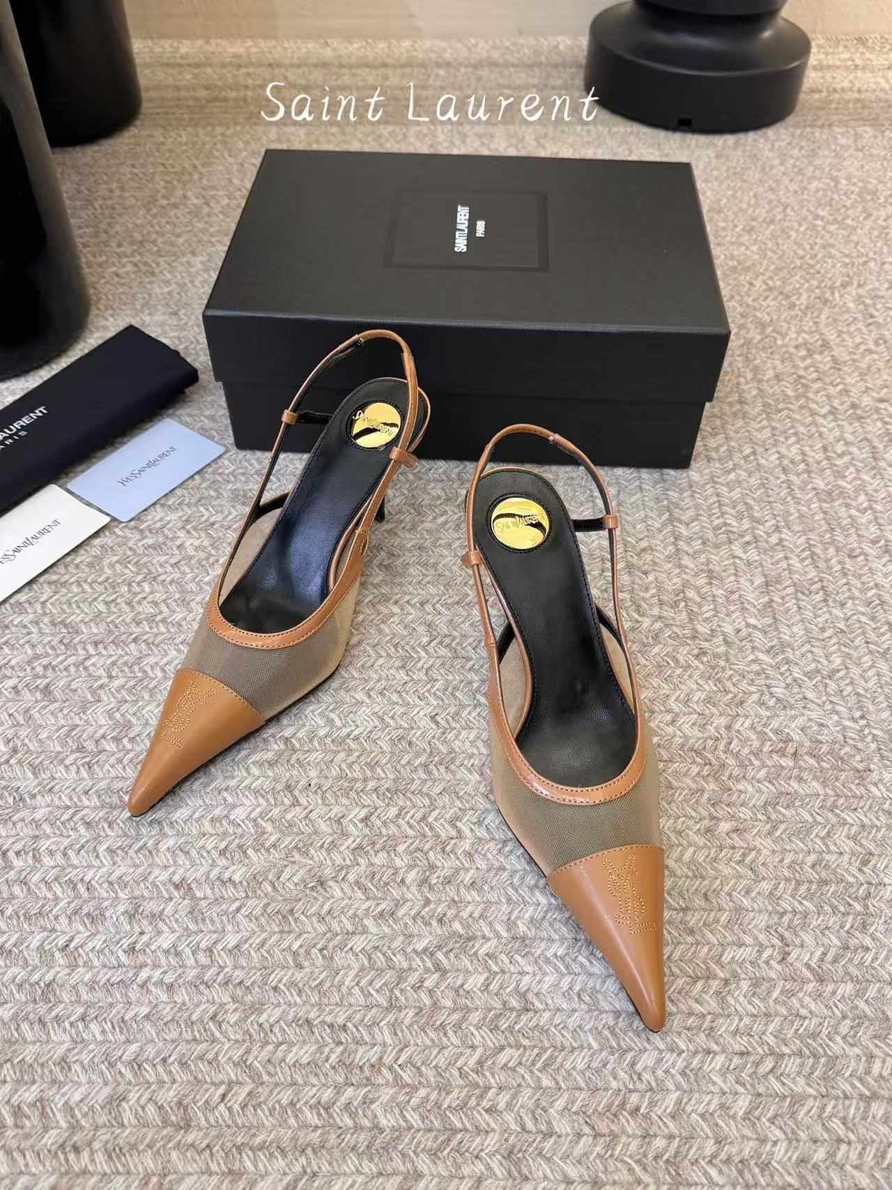 YSL 26S SLINGBACK POINTED HEEL 70 MM IN BROWN CAFLSKIN AND FABRIC