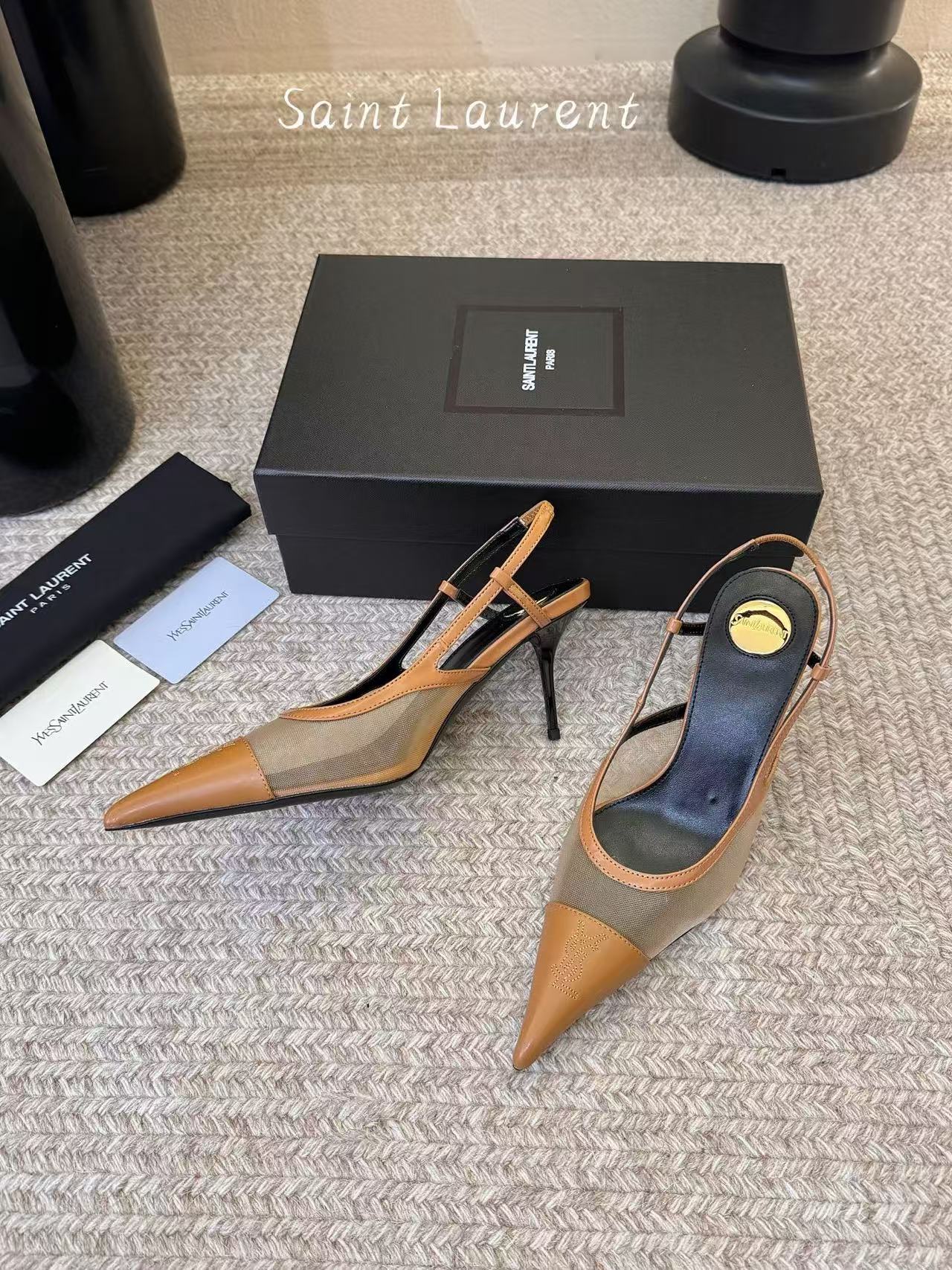 YSL 26S SLINGBACK POINTED HEEL 70 MM IN BROWN CAFLSKIN AND FABRIC