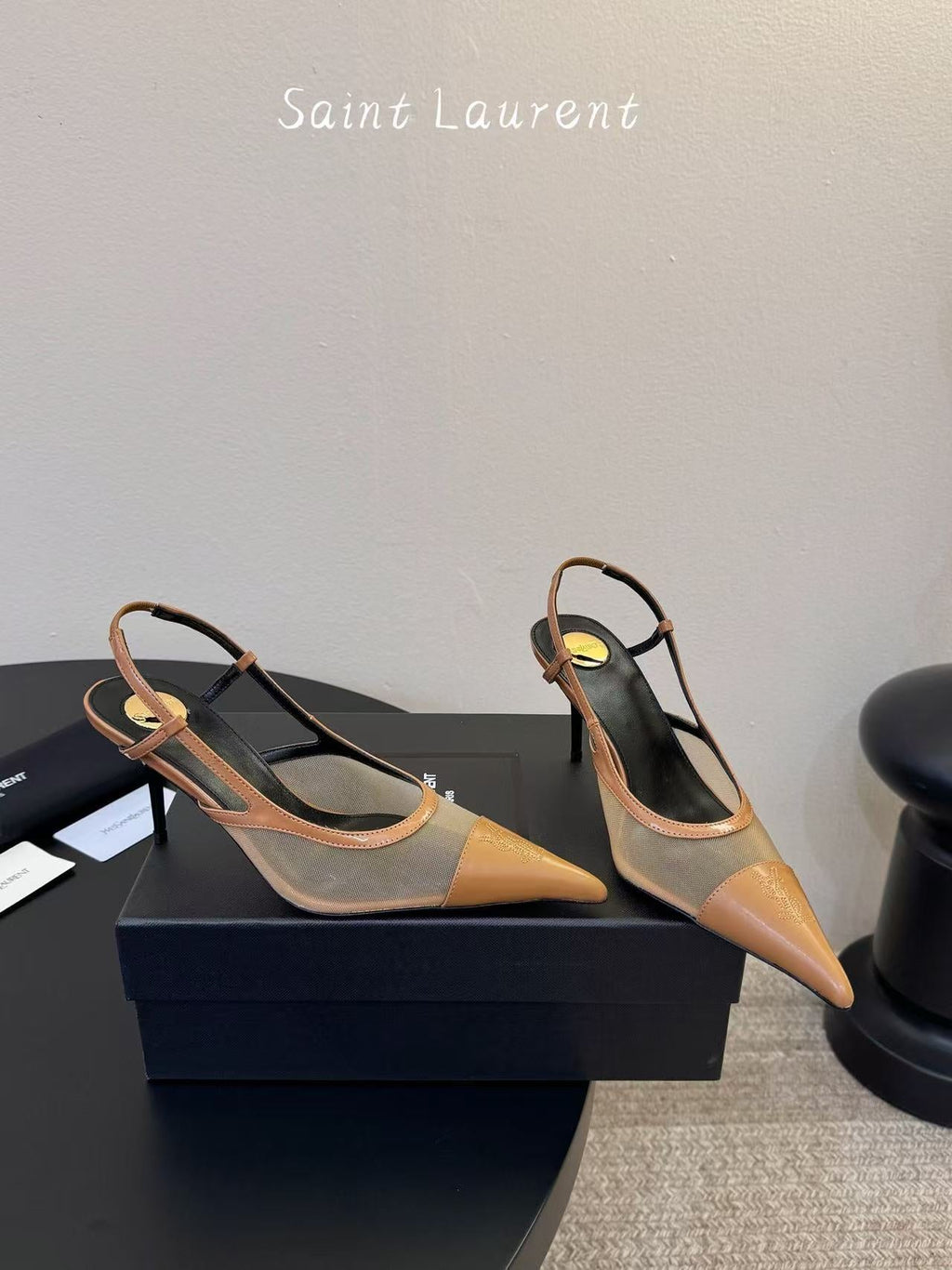 YSL 26S SLINGBACK POINTED HEEL 70 MM IN BROWN CAFLSKIN AND FABRIC