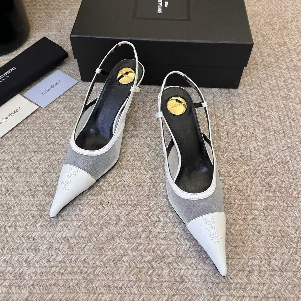 YSL 26S SLINGBACK POINTED HEEL 70 MM IN WHITE CAFLSKIN AND FABRIC