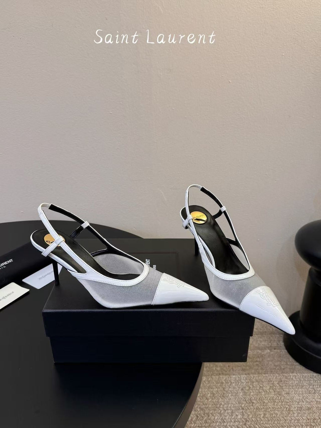 YSL 26S SLINGBACK POINTED HEEL 70 MM IN WHITE CAFLSKIN AND FABRIC