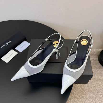 YSL 26S SLINGBACK POINTED HEEL 70 MM IN WHITE CAFLSKIN AND FABRIC