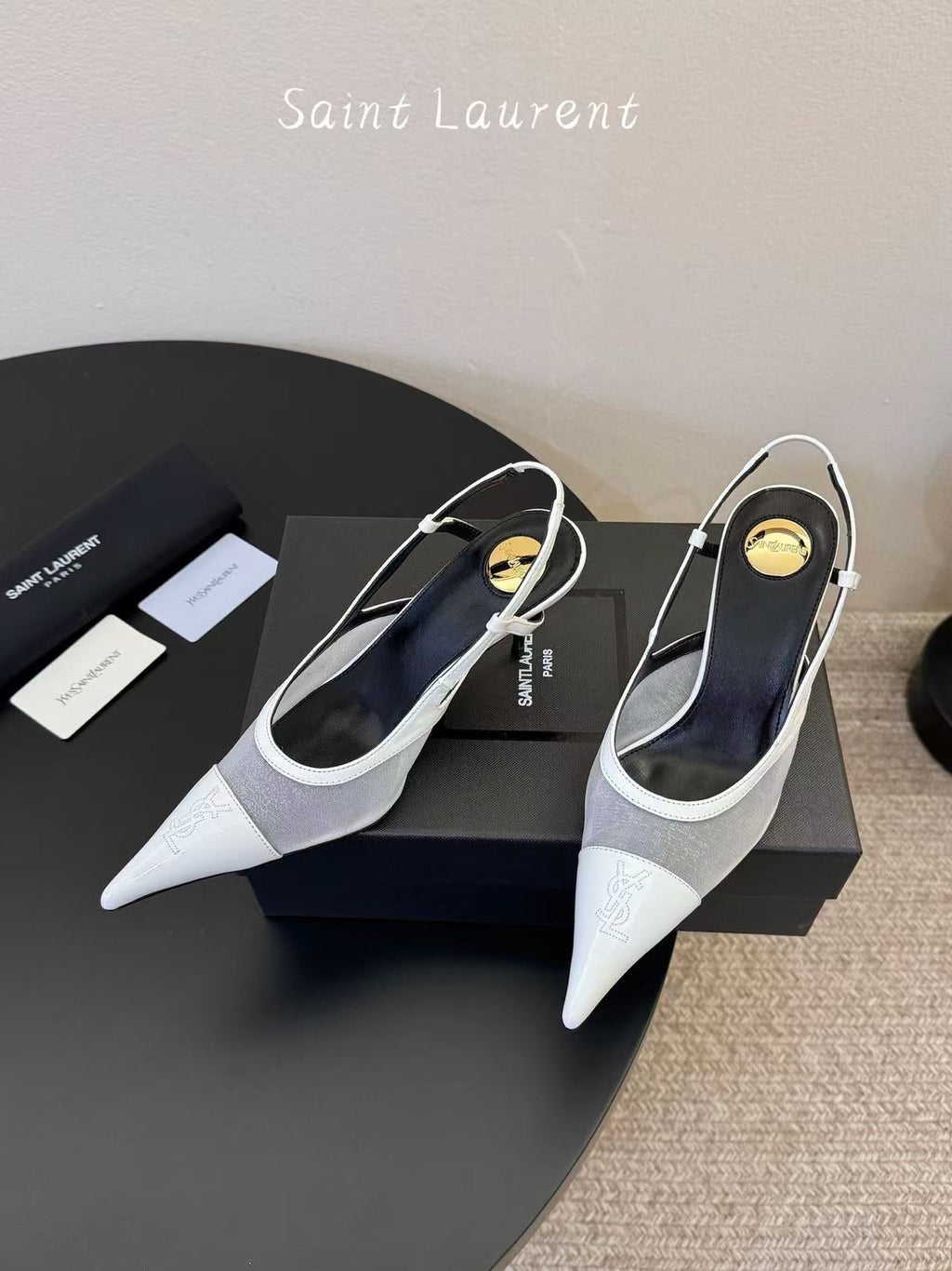 YSL 26S SLINGBACK POINTED HEEL 70 MM IN WHITE CAFLSKIN AND FABRIC