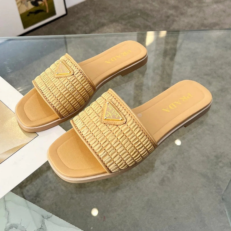 PRADA 26S SLIDE SANDALS IN NATURAL RAFFIA LEATHER TRIMMED