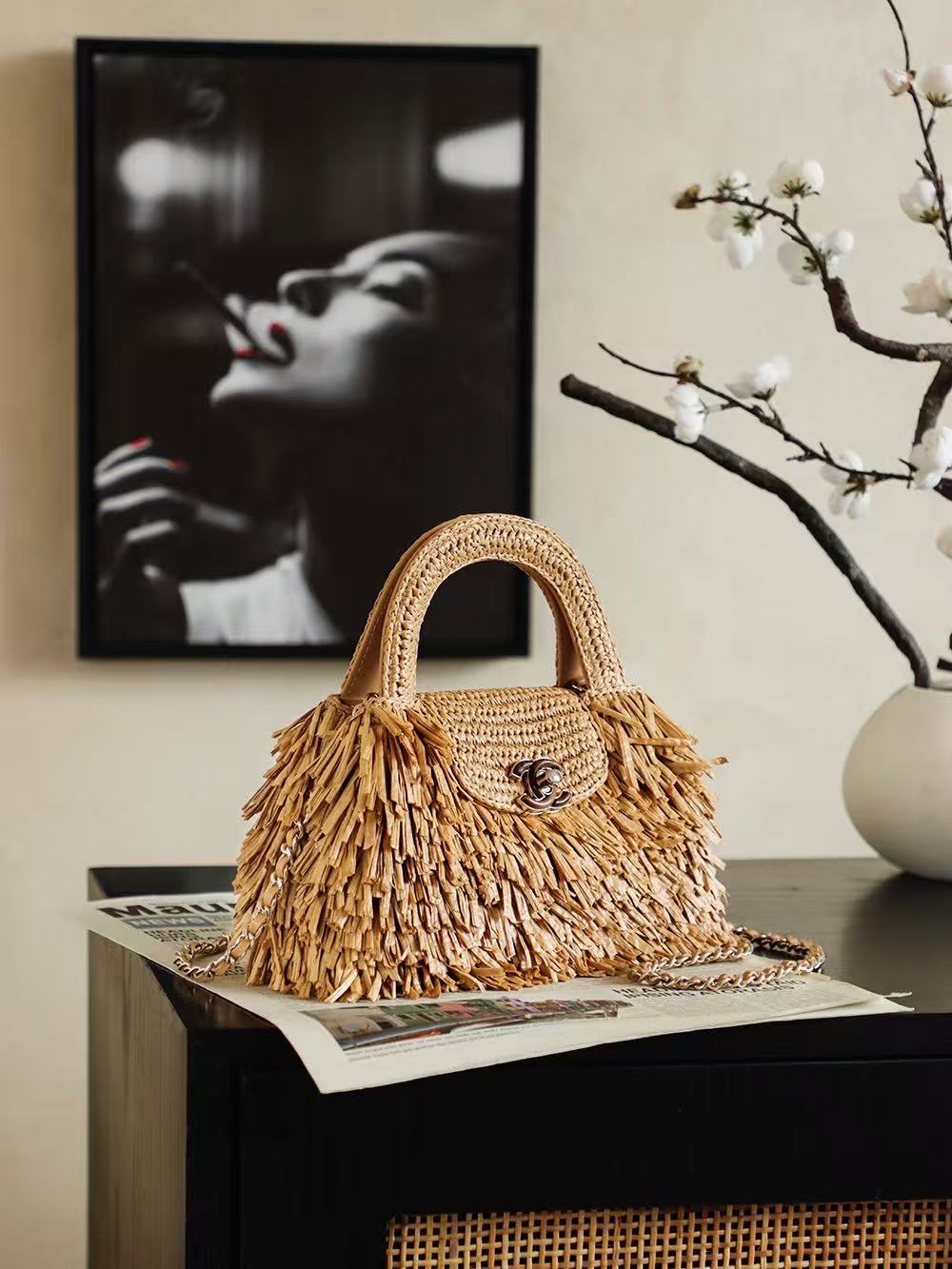 CHANEL 26S SMALL FRINGE KELLY DARK BEIGE RAFFIA WOOD