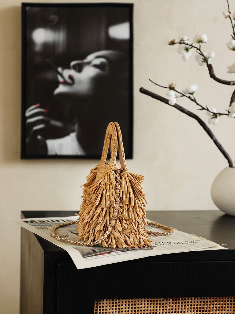 CHANEL 26S SMALL FRINGE KELLY DARK BEIGE RAFFIA WOOD