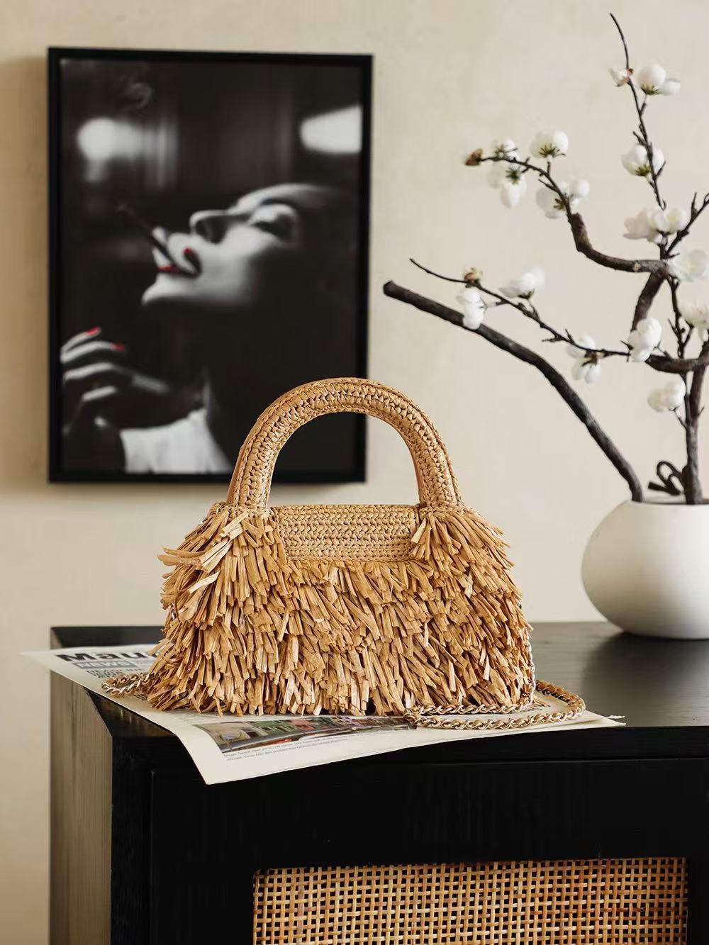CHANEL 26S SMALL FRINGE KELLY DARK BEIGE RAFFIA WOOD
