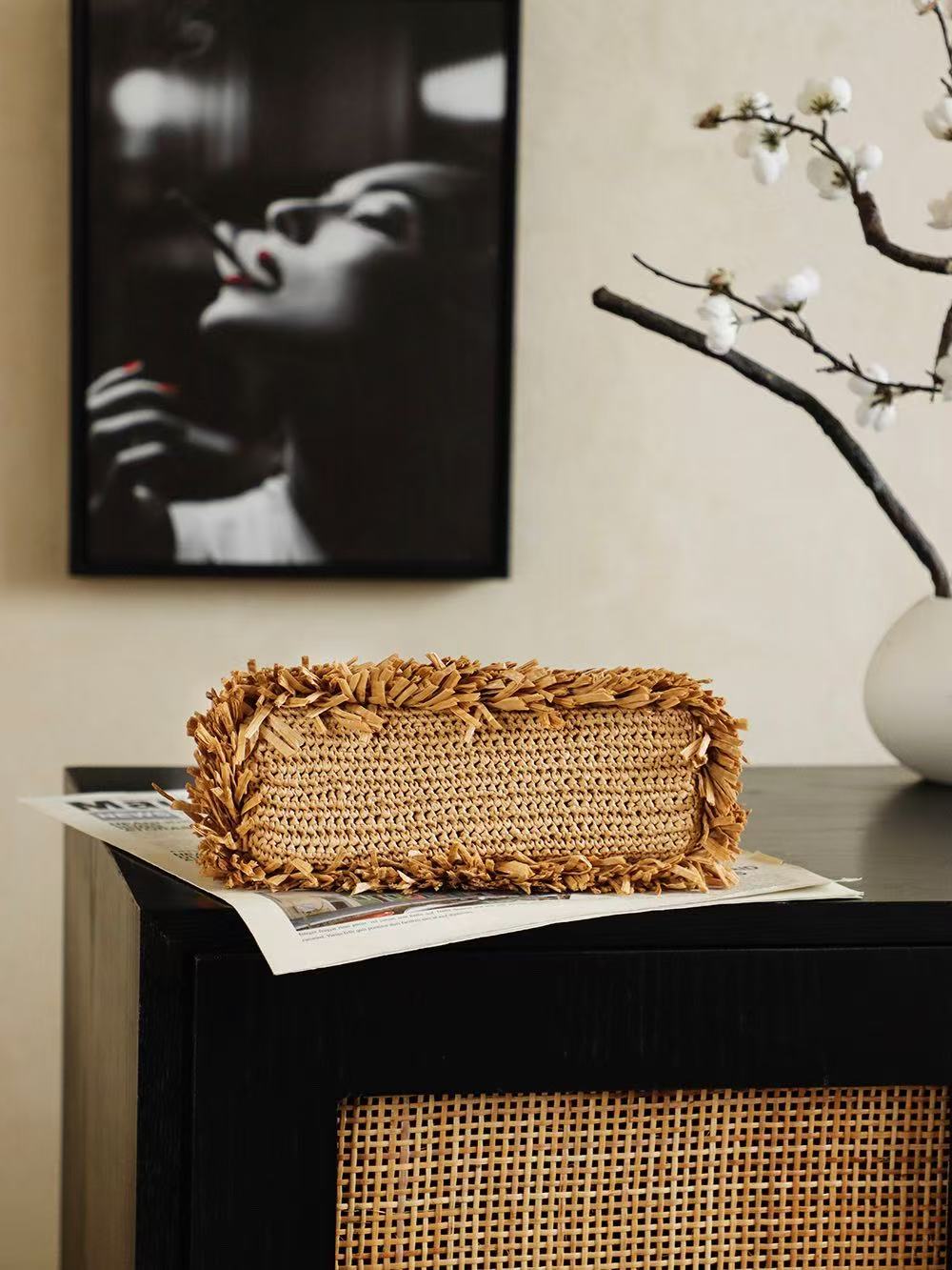 CHANEL 26S SMALL FRINGE KELLY DARK BEIGE RAFFIA WOOD