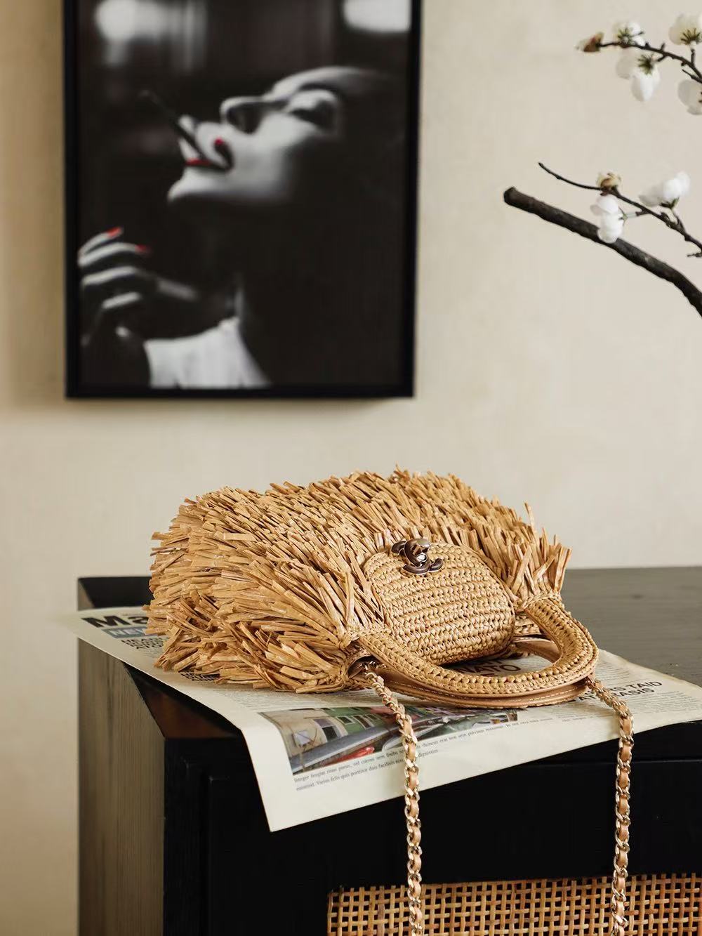 CHANEL 26S SMALL FRINGE KELLY DARK BEIGE RAFFIA WOOD