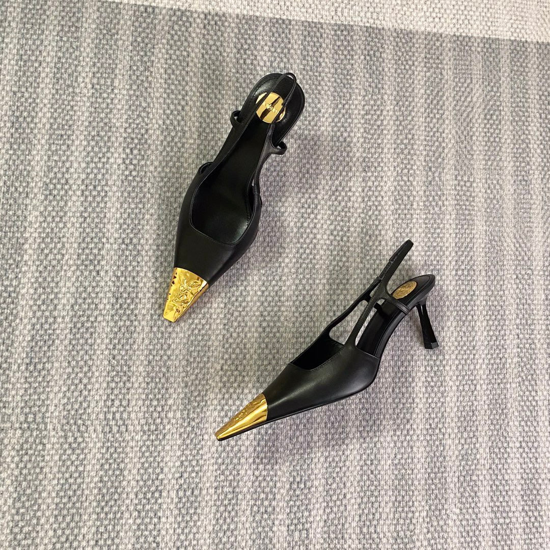 YSL 25S HIGH-HEEL SLINGBACKS 65 MM IN BLACK LAMBSKIN AND GOLD HARDWARE