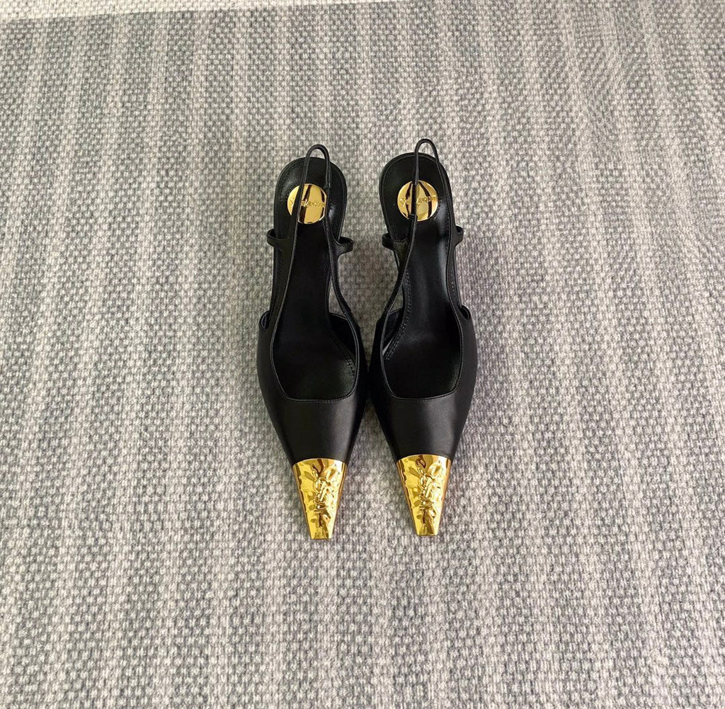YSL 25S HIGH-HEEL SLINGBACKS 65 MM IN BLACK LAMBSKIN AND GOLD HARDWARE