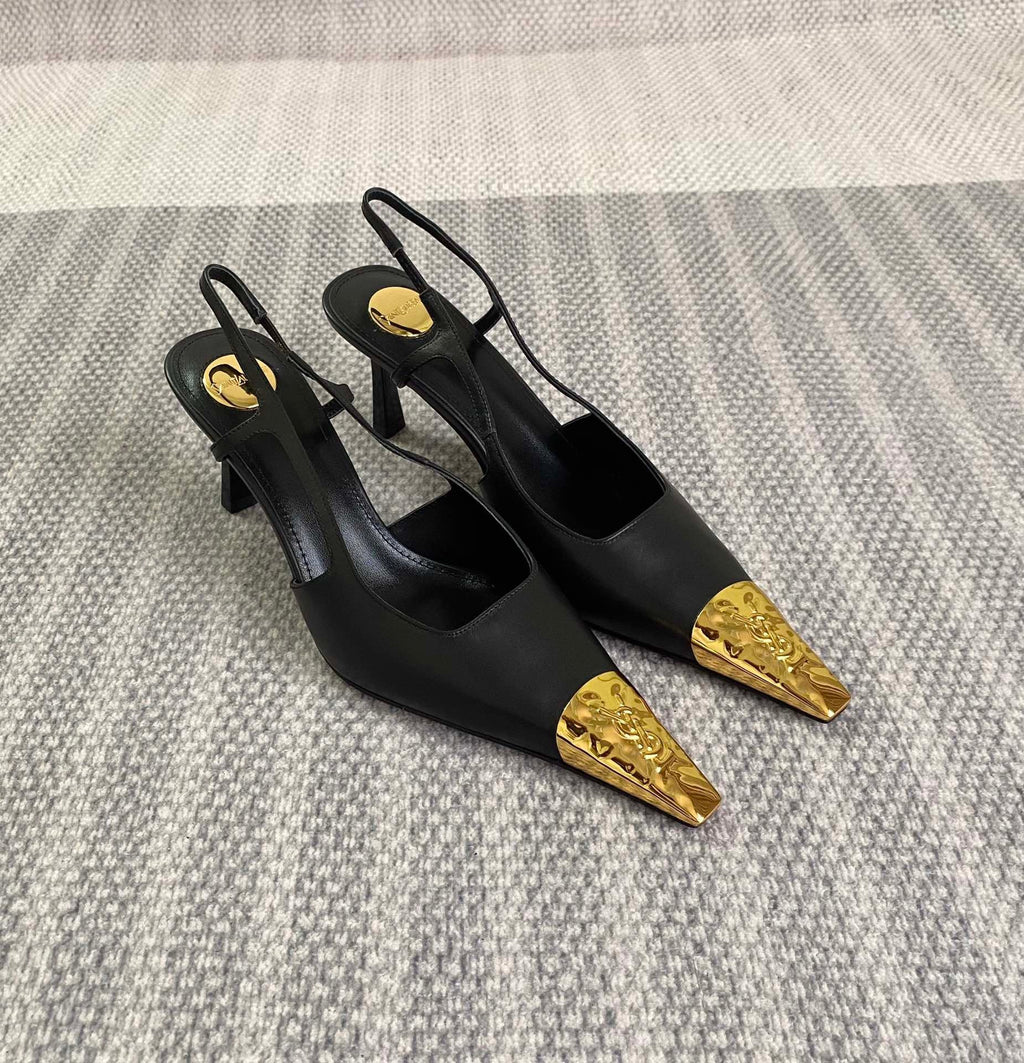 YSL 25S HIGH-HEEL SLINGBACKS 65 MM IN BLACK LAMBSKIN AND GOLD HARDWARE