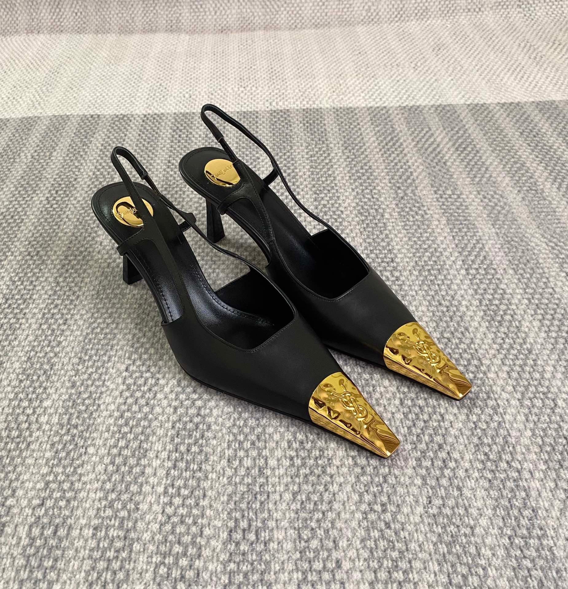 YSL 25S HIGH-HEEL SLINGBACKS 65 MM IN BLACK LAMBSKIN AND GOLD HARDWARE